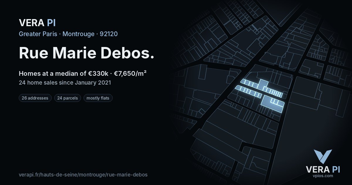 Rue Marie Debos, Montrouge at night – every parcel coloured by the prices around it, the street's own parcels lit