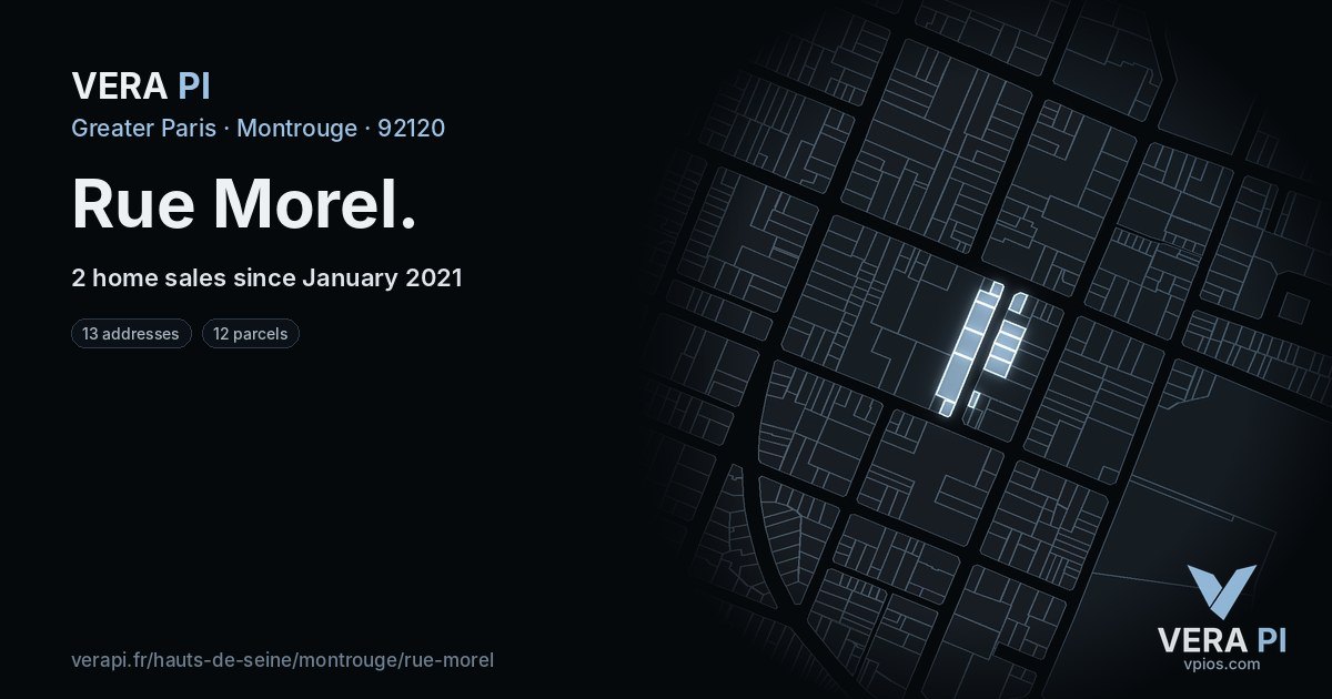 Rue Morel, Montrouge at night – every parcel coloured by the prices around it, the street's own parcels lit