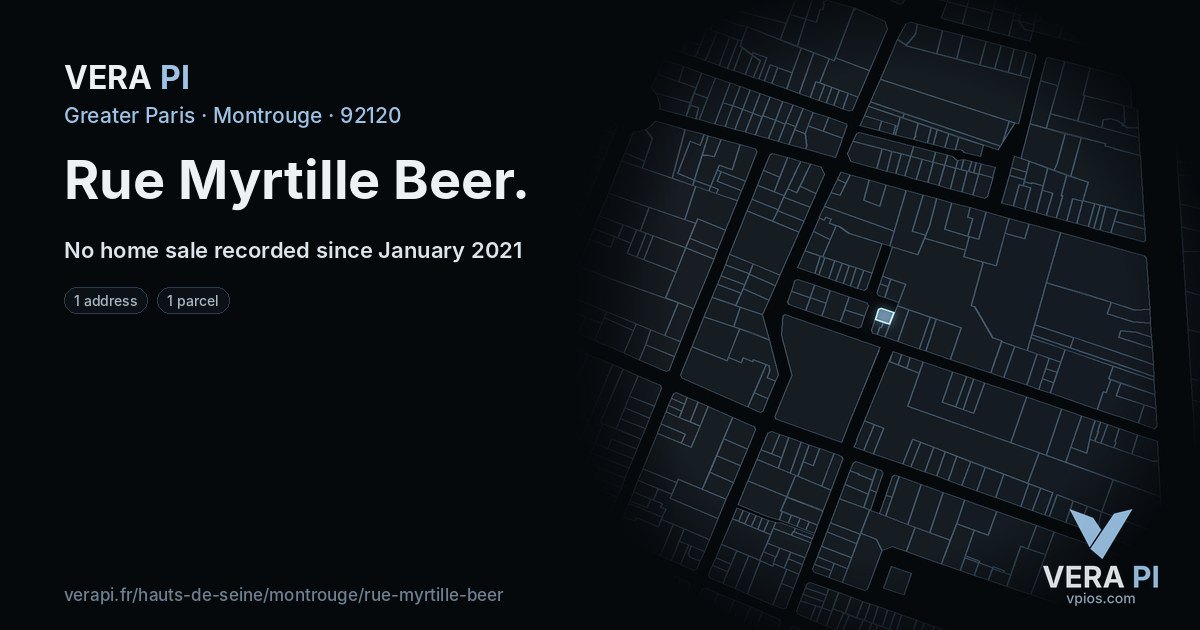 Rue Myrtille Beer, Montrouge at night – every parcel coloured by the prices around it, the street's own parcels lit