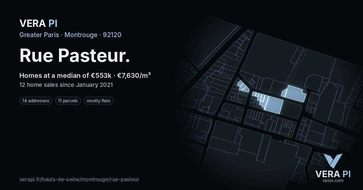 Rue Pasteur, Montrouge at night – every parcel coloured by the prices around it, the street's own parcels lit