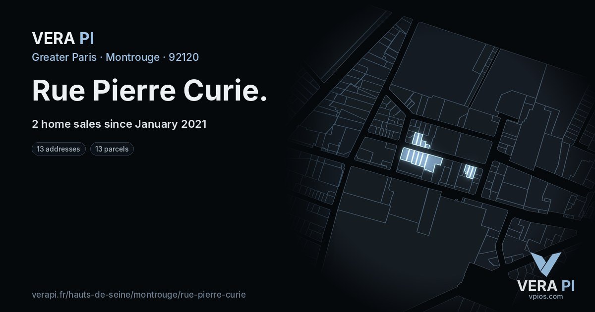 Rue Pierre Curie, Montrouge at night – every parcel coloured by the prices around it, the street's own parcels lit