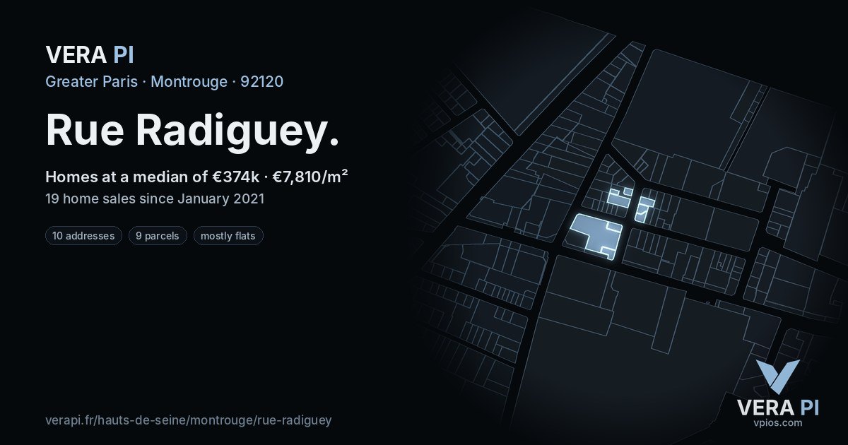 Rue Radiguey, Montrouge at night – every parcel coloured by the prices around it, the street's own parcels lit