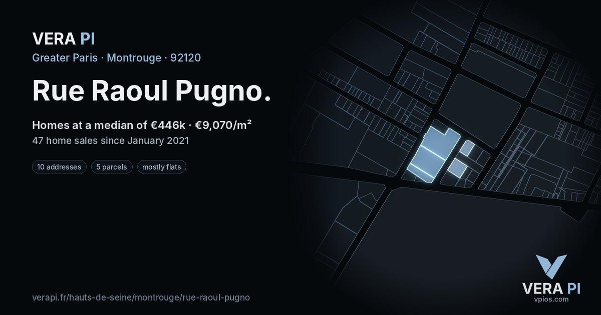 Rue Raoul Pugno, Montrouge at night – every parcel coloured by the prices around it, the street's own parcels lit