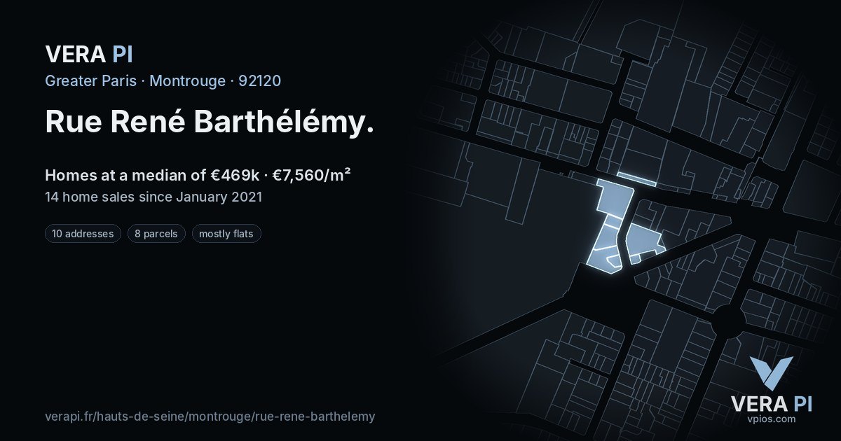 Rue René Barthélémy, Montrouge at night – every parcel coloured by the prices around it, the street's own parcels lit
