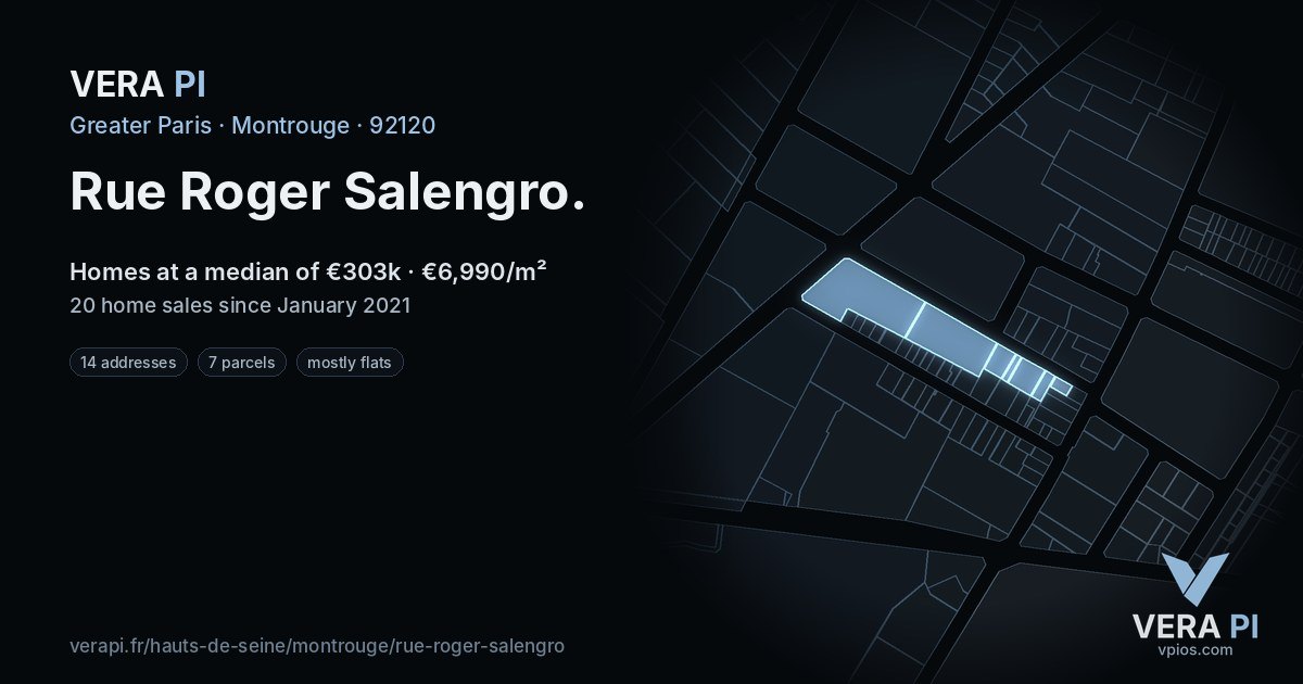 Rue Roger Salengro, Montrouge at night – every parcel coloured by the prices around it, the street's own parcels lit