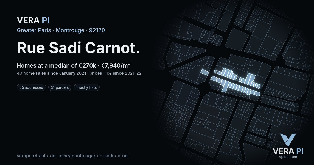 Rue Sadi Carnot, Montrouge at night – every parcel coloured by the prices around it, the street's own parcels lit