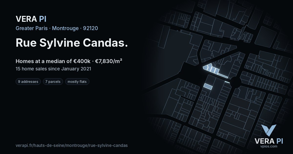 Rue Sylvine Candas, Montrouge at night – every parcel coloured by the prices around it, the street's own parcels lit