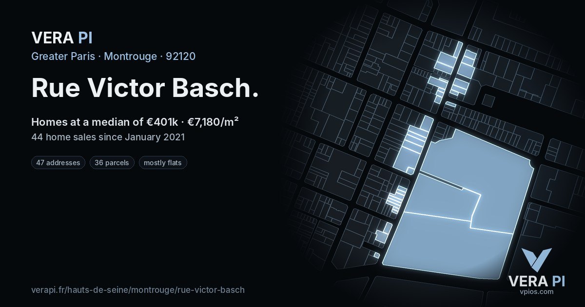 Rue Victor Basch, Montrouge at night – every parcel coloured by the prices around it, the street's own parcels lit