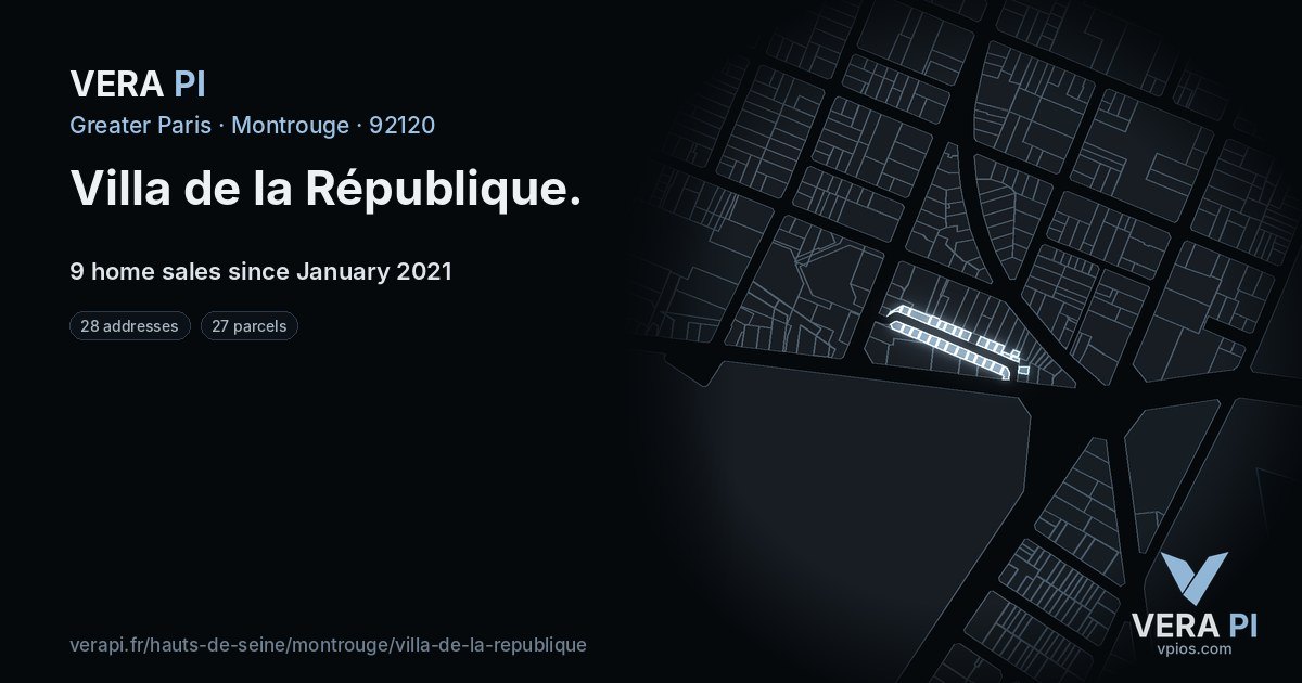 Villa de la République, Montrouge at night – every parcel coloured by the prices around it, the street's own parcels lit