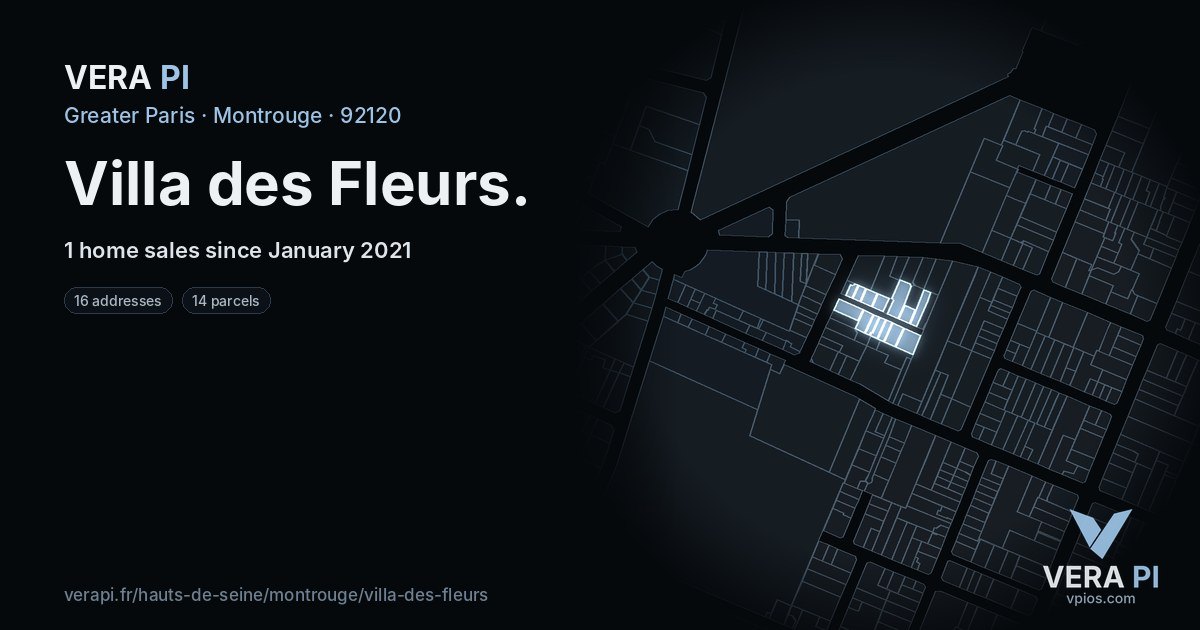 Villa des Fleurs, Montrouge at night – every parcel coloured by the prices around it, the street's own parcels lit