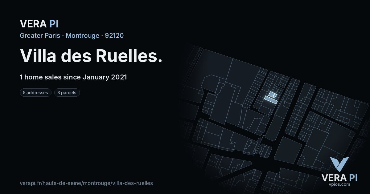 Villa des Ruelles, Montrouge at night – every parcel coloured by the prices around it, the street's own parcels lit