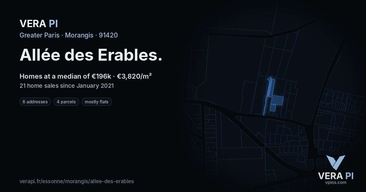 Allée des Erables, Morangis at night – every parcel coloured by the prices around it, the street's own parcels lit