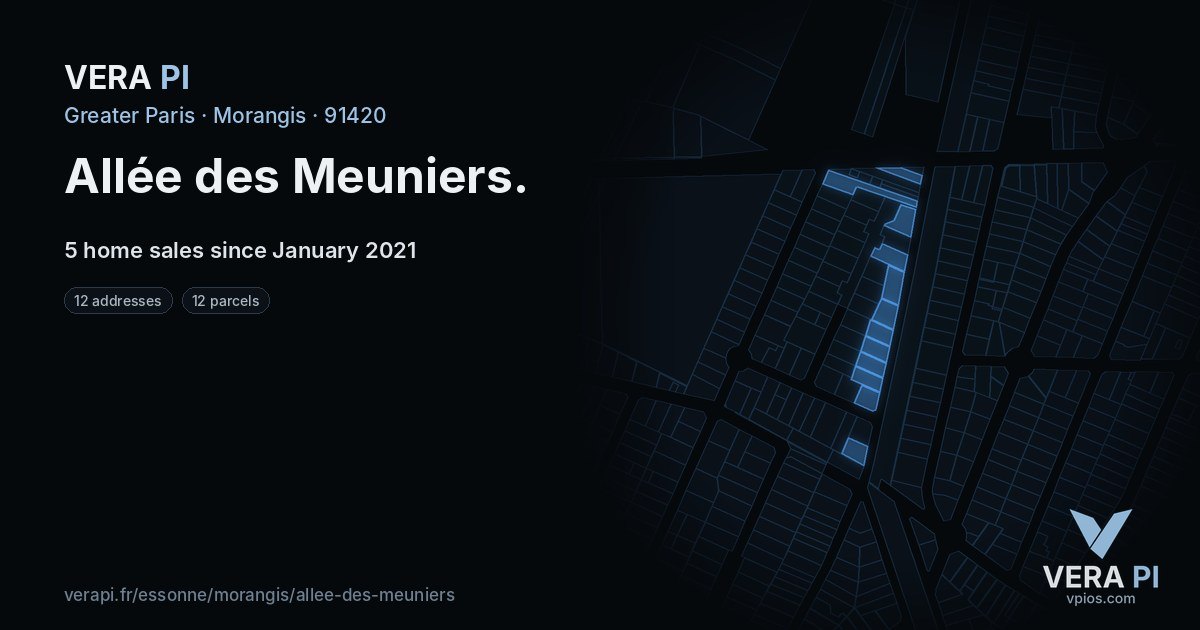 Allée des Meuniers, Morangis at night – every parcel coloured by the prices around it, the street's own parcels lit