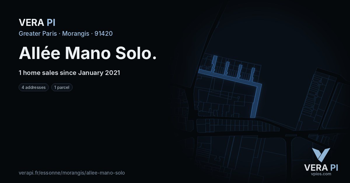 Allée Mano Solo, Morangis at night – every parcel coloured by the prices around it, the street's own parcels lit