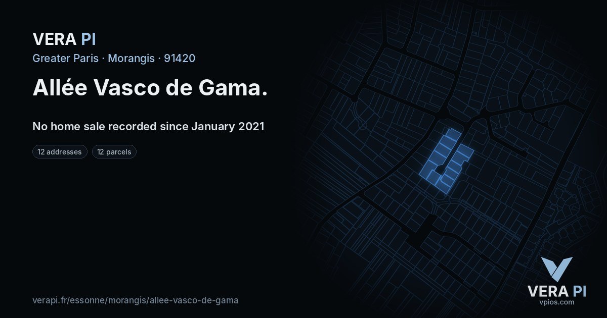 Allée Vasco de Gama, Morangis at night – every parcel coloured by the prices around it, the street's own parcels lit