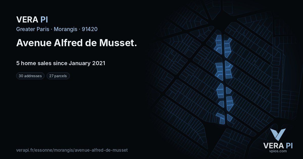 Avenue Alfred de Musset, Morangis at night – every parcel coloured by the prices around it, the street's own parcels lit