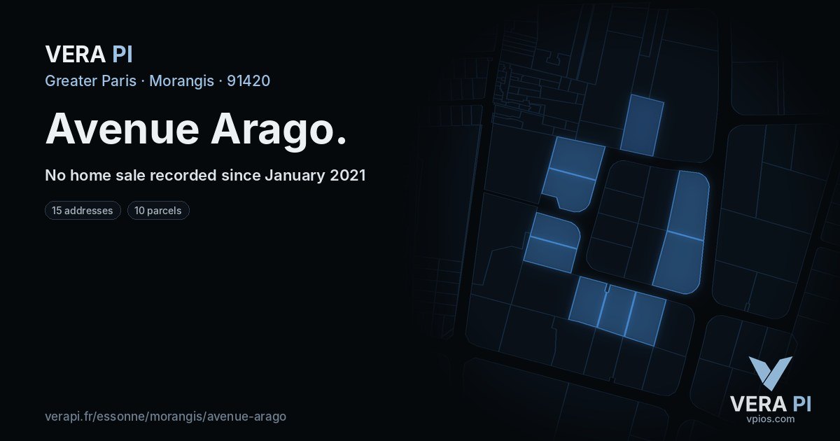 Avenue Arago, Morangis at night – every parcel coloured by the prices around it, the street's own parcels lit