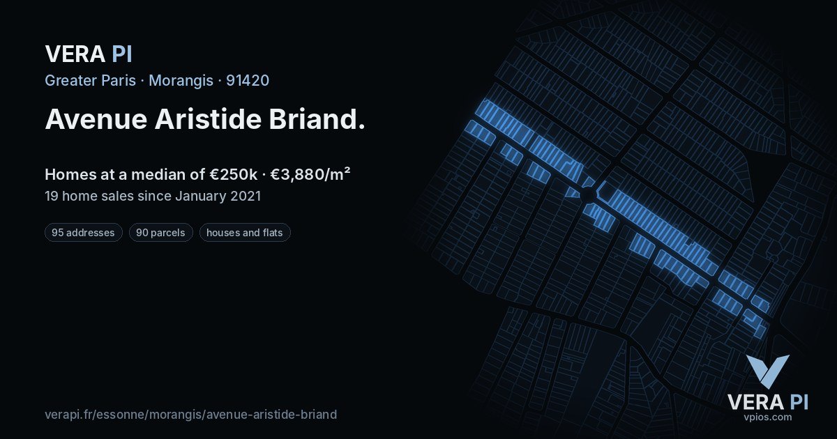 Avenue Aristide Briand, Morangis at night – every parcel coloured by the prices around it, the street's own parcels lit