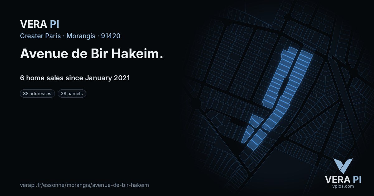Avenue de Bir Hakeim, Morangis at night – every parcel coloured by the prices around it, the street's own parcels lit
