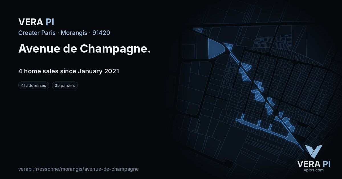 Avenue de Champagne, Morangis at night – every parcel coloured by the prices around it, the street's own parcels lit