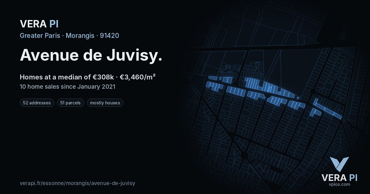 Avenue de Juvisy, Morangis at night – every parcel coloured by the prices around it, the street's own parcels lit
