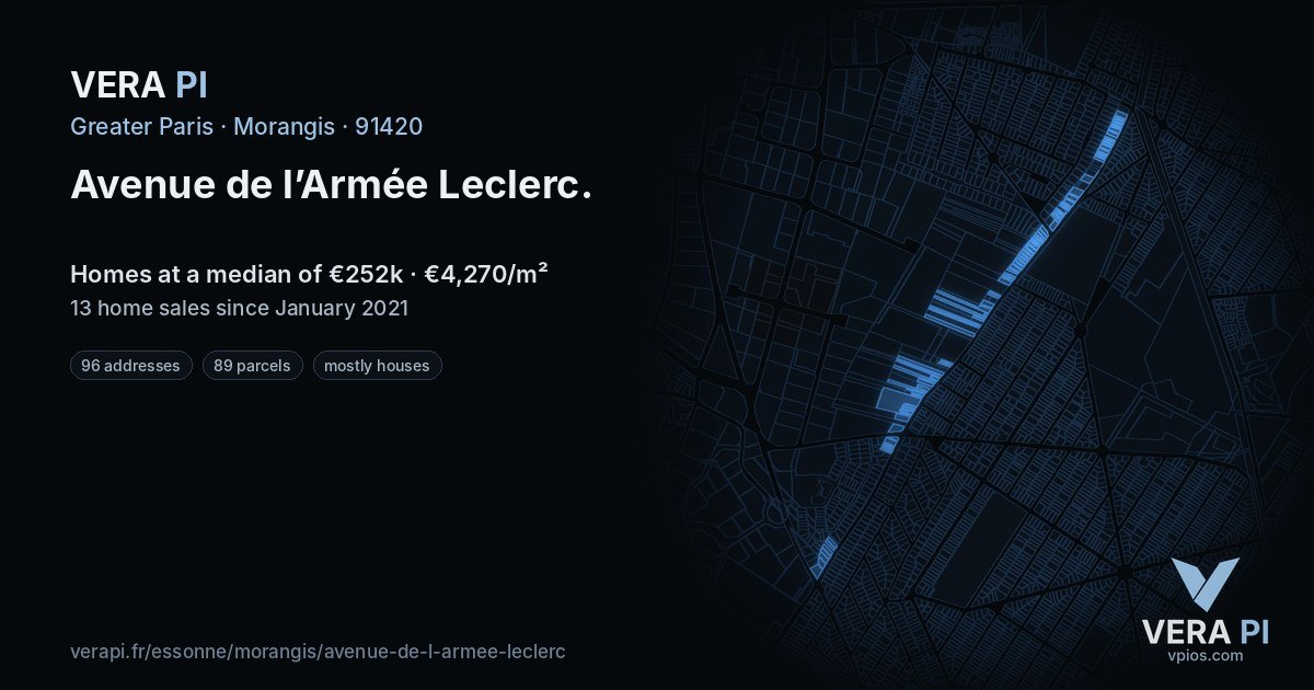 Avenue de l’Armée Leclerc, Morangis at night – every parcel coloured by the prices around it, the street's own parcels lit