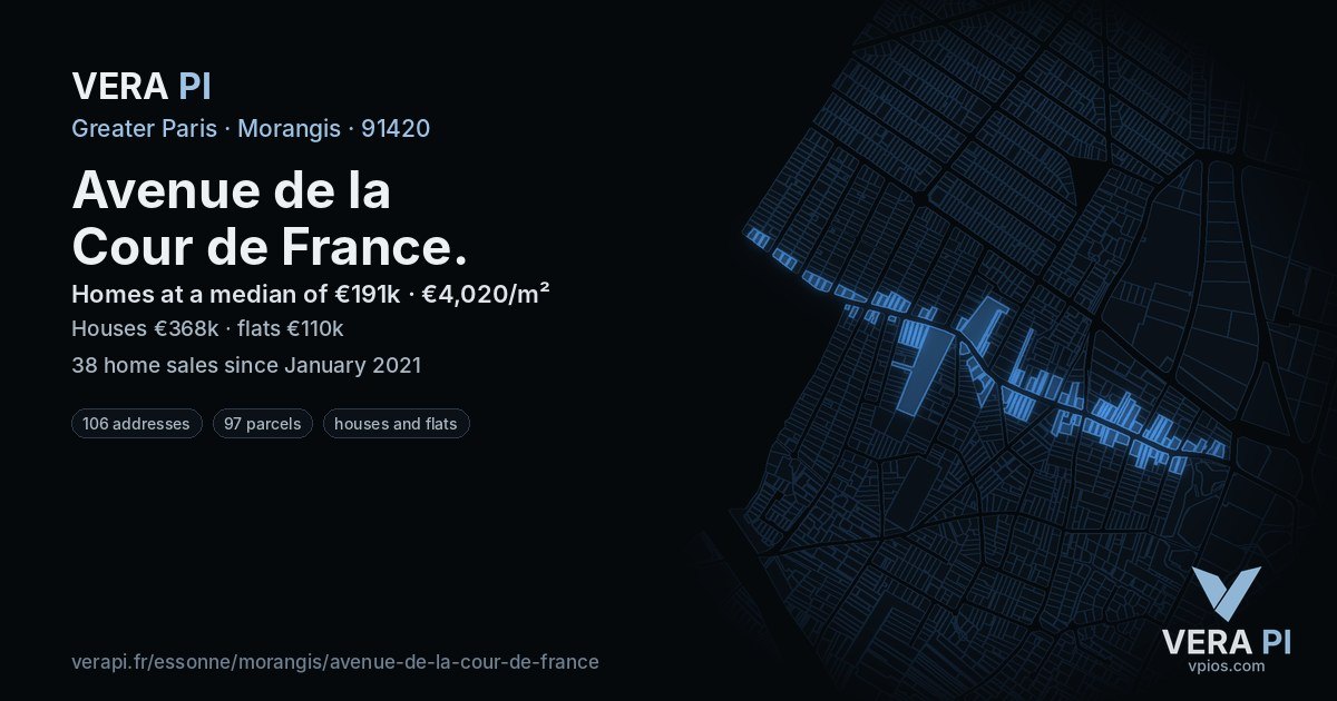 Avenue de la Cour de France, Morangis at night – every parcel coloured by the prices around it, the street's own parcels lit
