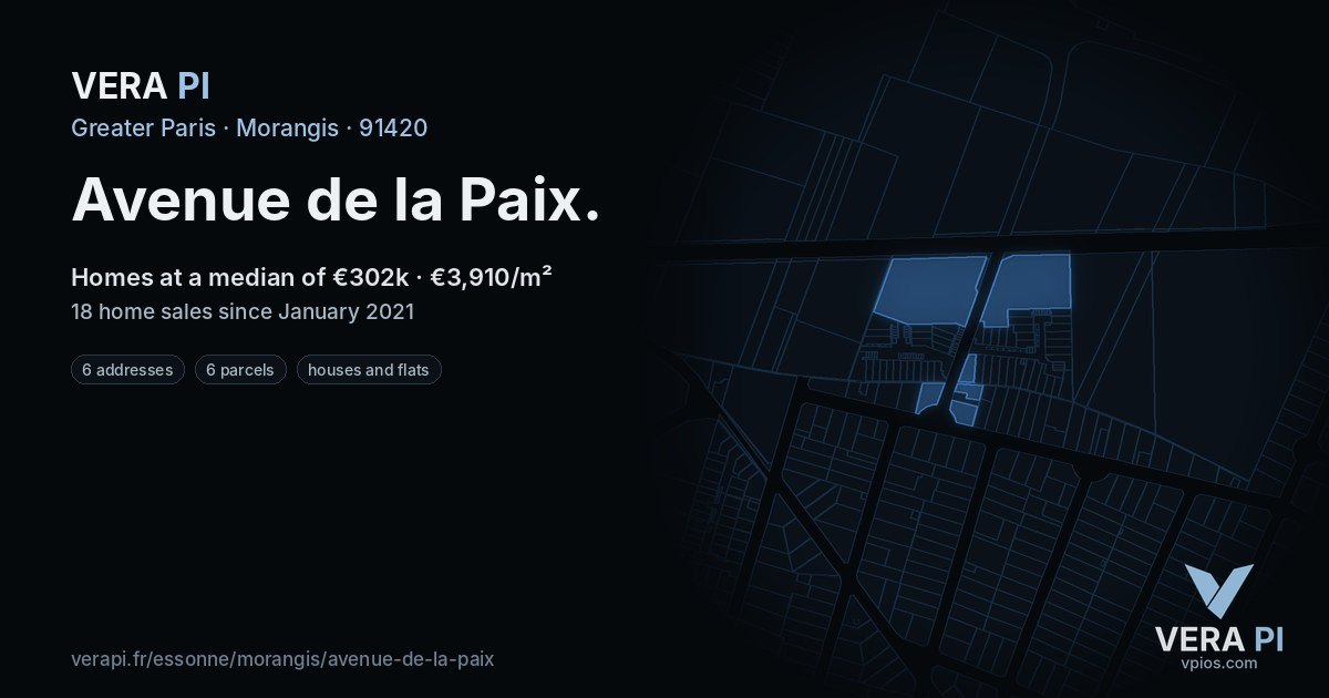 Avenue de la Paix, Morangis at night – every parcel coloured by the prices around it, the street's own parcels lit