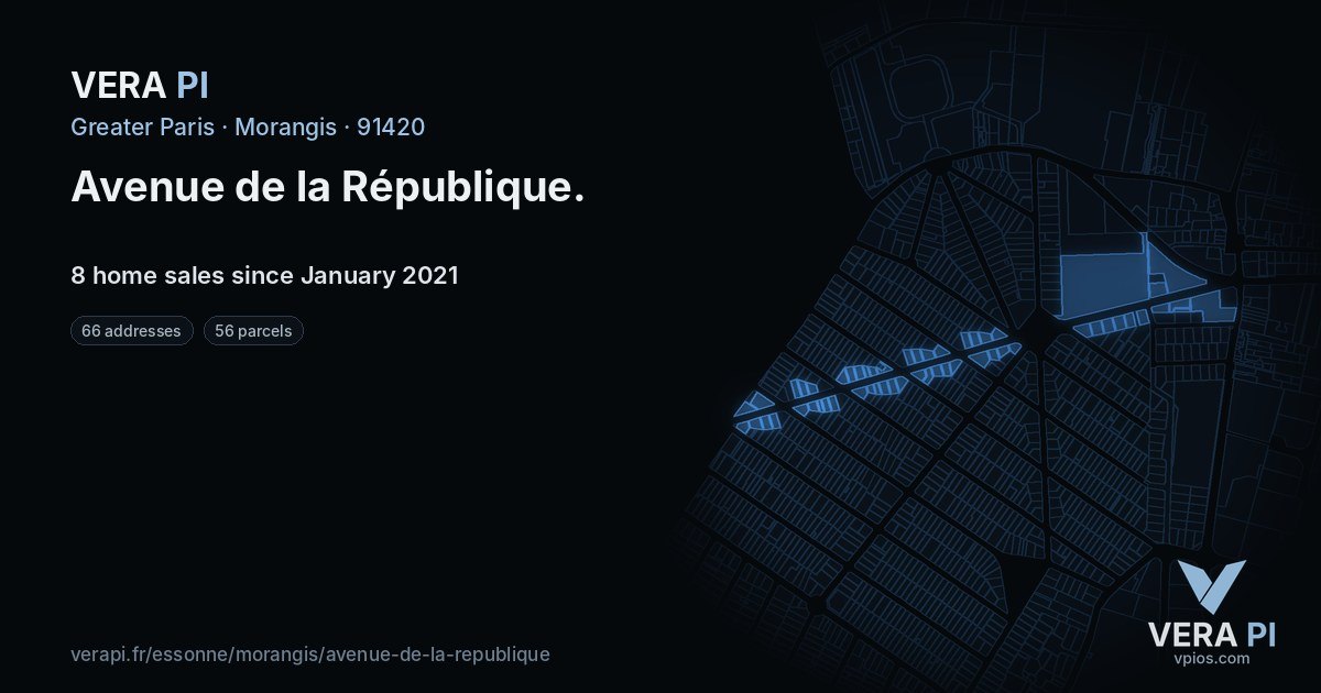 Avenue de la République, Morangis at night – every parcel coloured by the prices around it, the street's own parcels lit