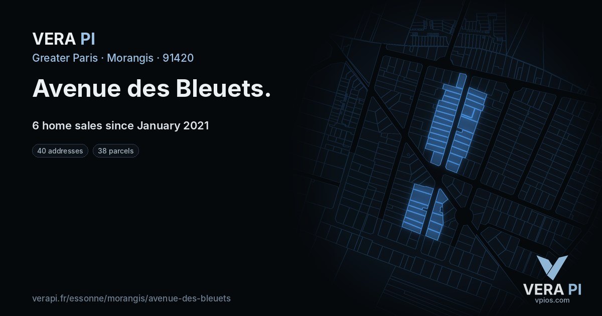 Avenue des Bleuets, Morangis at night – every parcel coloured by the prices around it, the street's own parcels lit