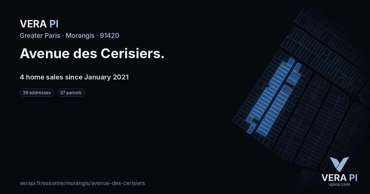 Avenue des Cerisiers, Morangis at night – every parcel coloured by the prices around it, the street's own parcels lit