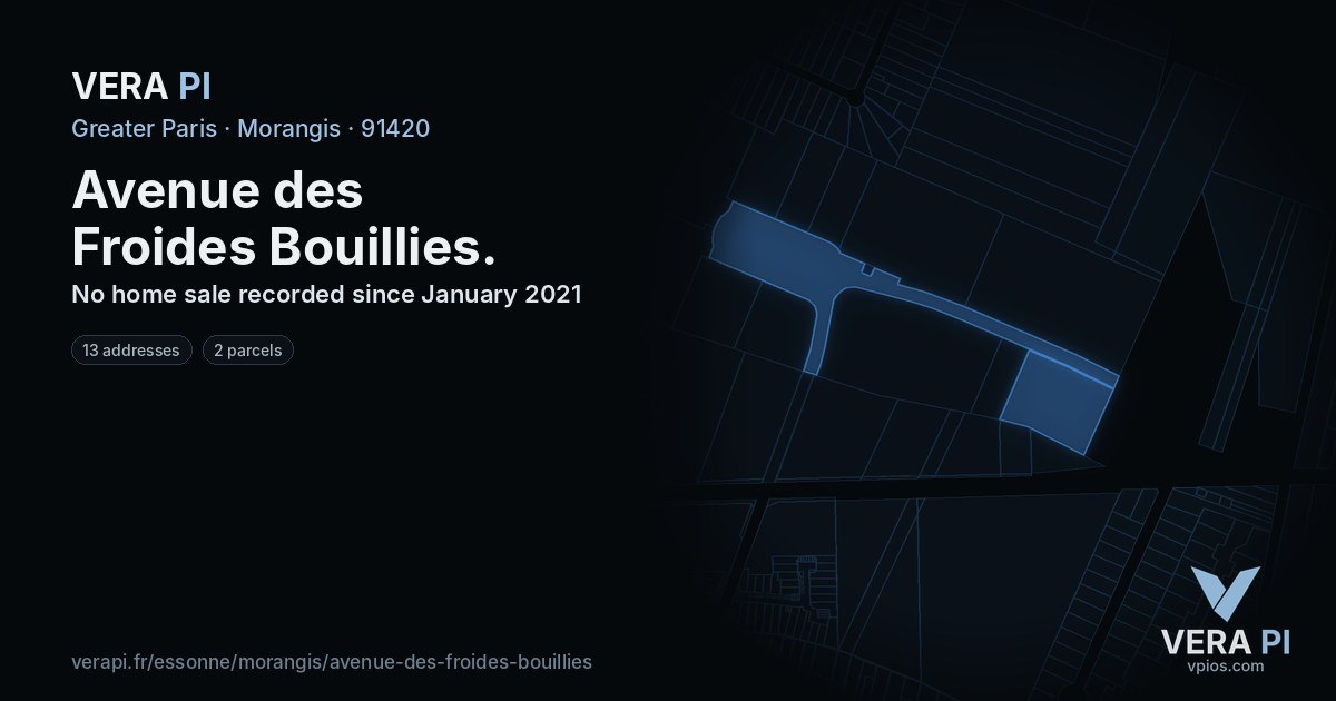 Avenue des Froides Bouillies, Morangis at night – every parcel coloured by the prices around it, the street's own parcels lit
