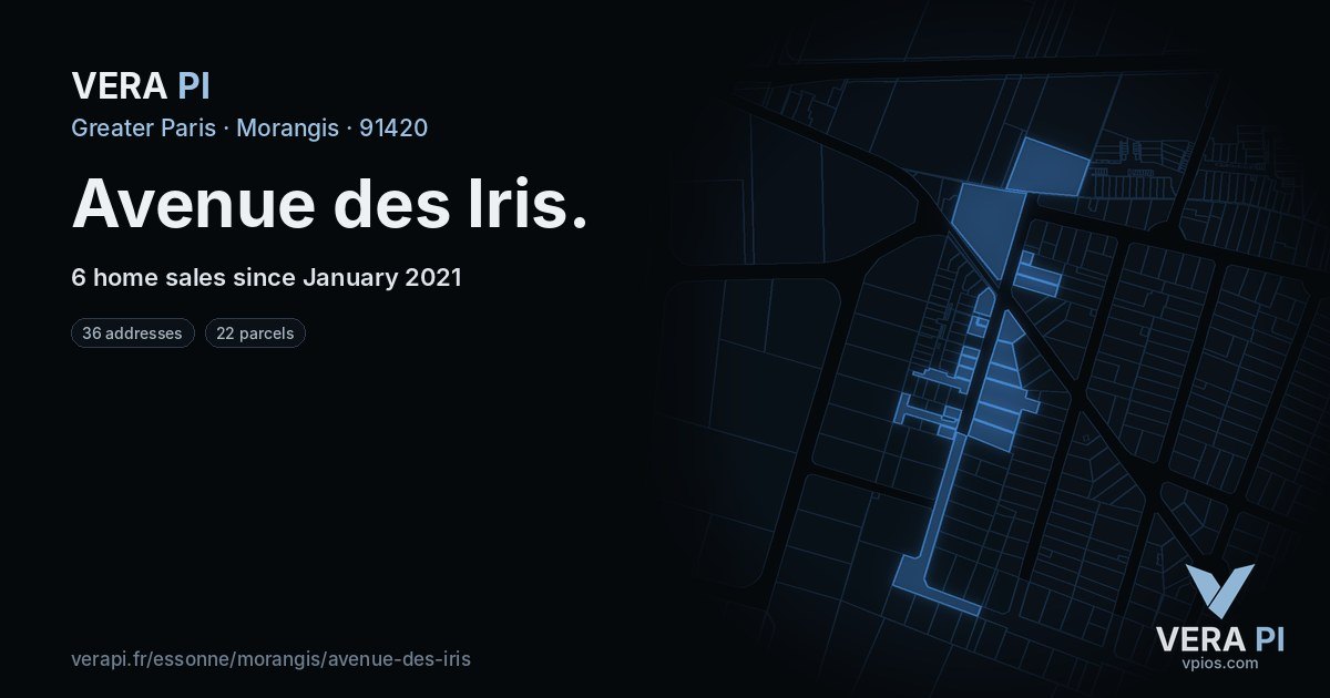 Avenue des Iris, Morangis at night – every parcel coloured by the prices around it, the street's own parcels lit