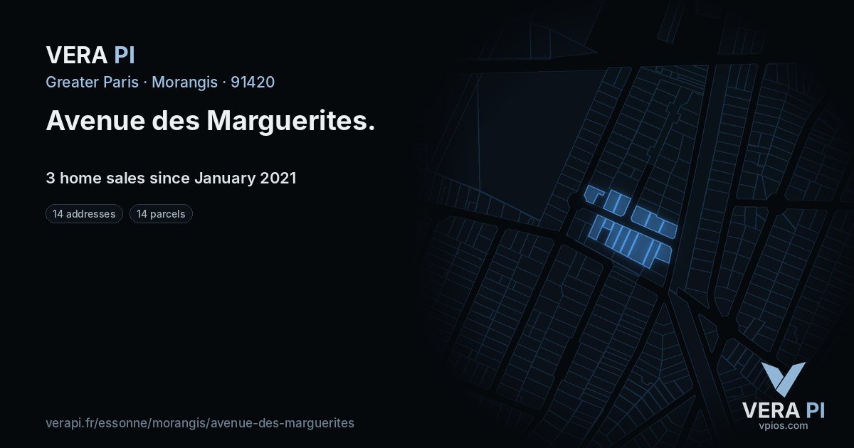 Avenue des Marguerites, Morangis at night – every parcel coloured by the prices around it, the street's own parcels lit