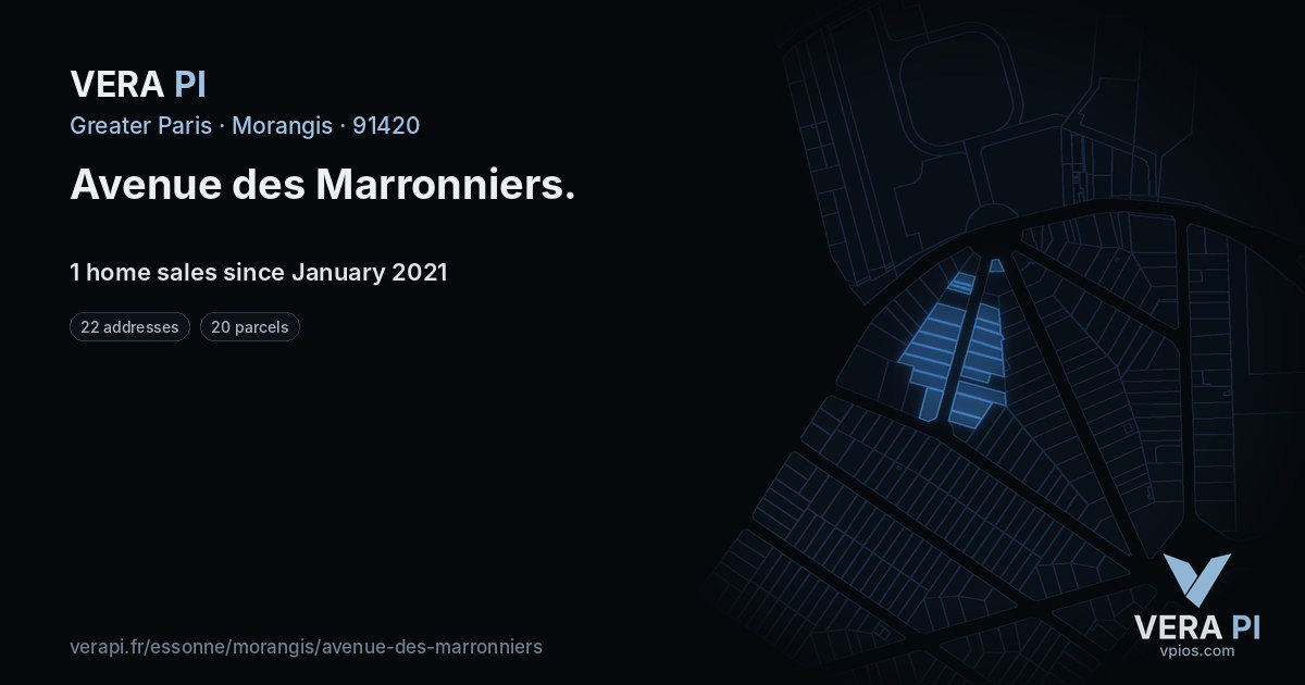 Avenue des Marronniers, Morangis at night – every parcel coloured by the prices around it, the street's own parcels lit