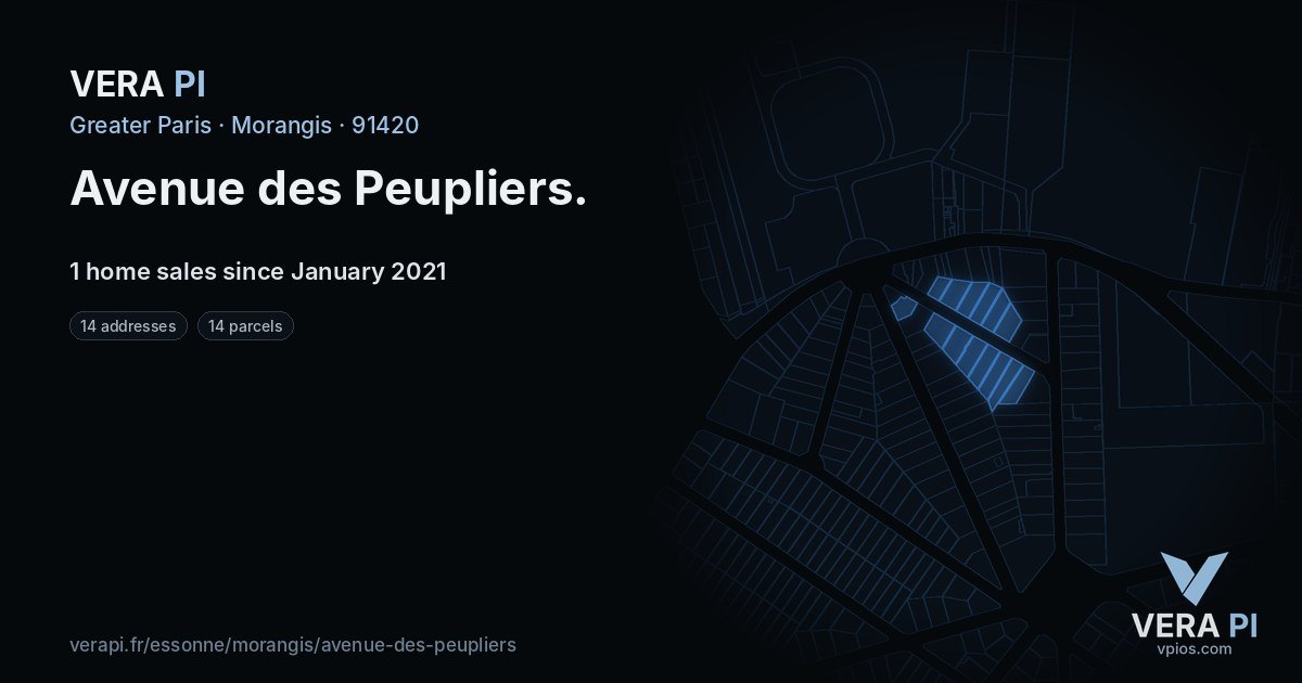 Avenue des Peupliers, Morangis at night – every parcel coloured by the prices around it, the street's own parcels lit