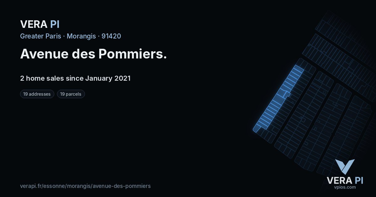 Avenue des Pommiers, Morangis at night – every parcel coloured by the prices around it, the street's own parcels lit