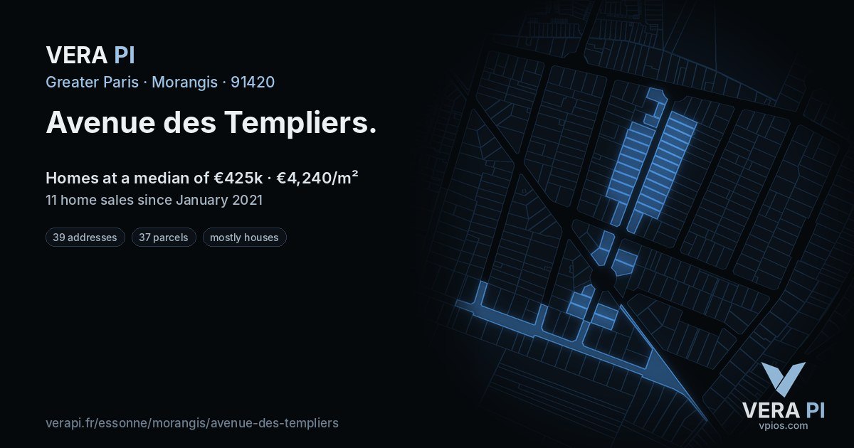 Avenue des Templiers, Morangis at night – every parcel coloured by the prices around it, the street's own parcels lit