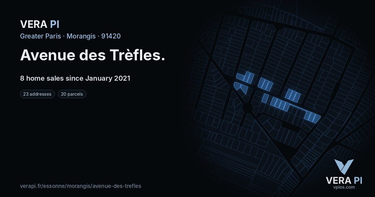 Avenue des Trèfles, Morangis at night – every parcel coloured by the prices around it, the street's own parcels lit