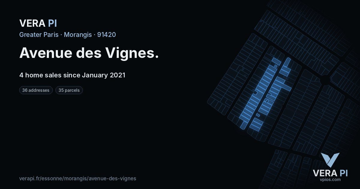 Avenue des Vignes, Morangis at night – every parcel coloured by the prices around it, the street's own parcels lit