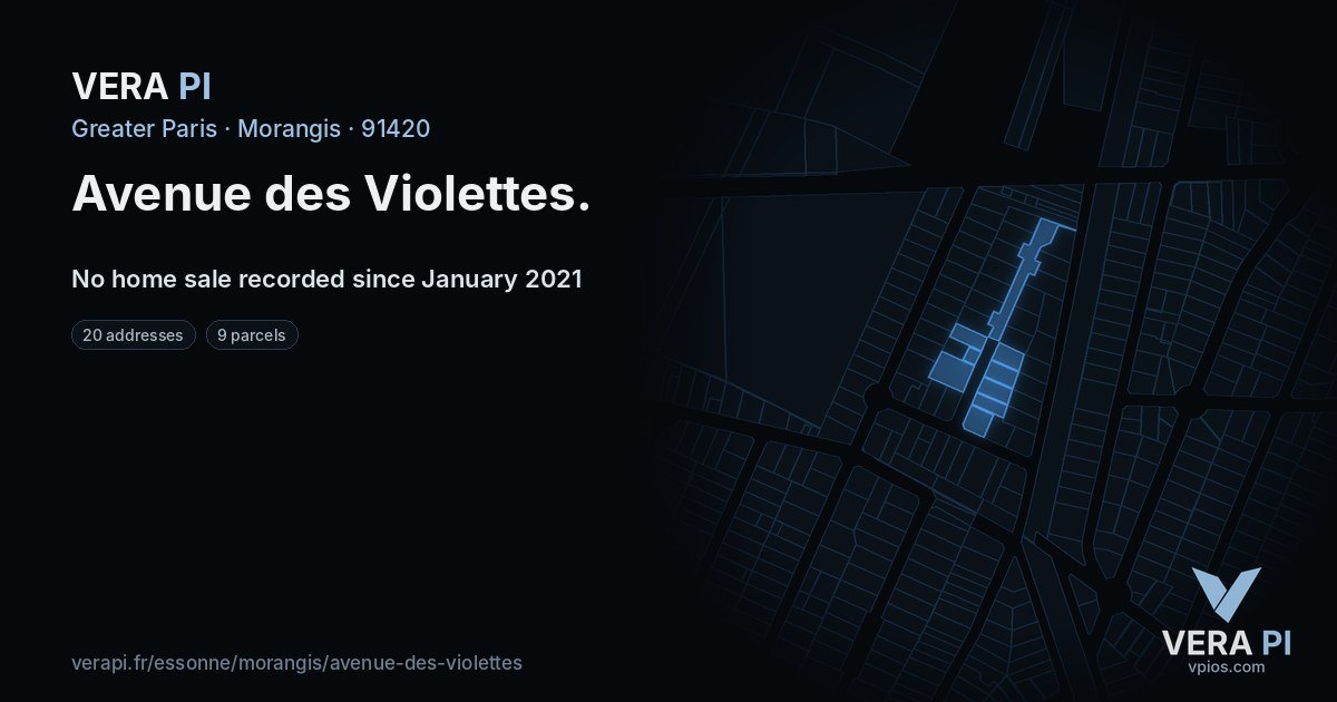 Avenue des Violettes, Morangis at night – every parcel coloured by the prices around it, the street's own parcels lit