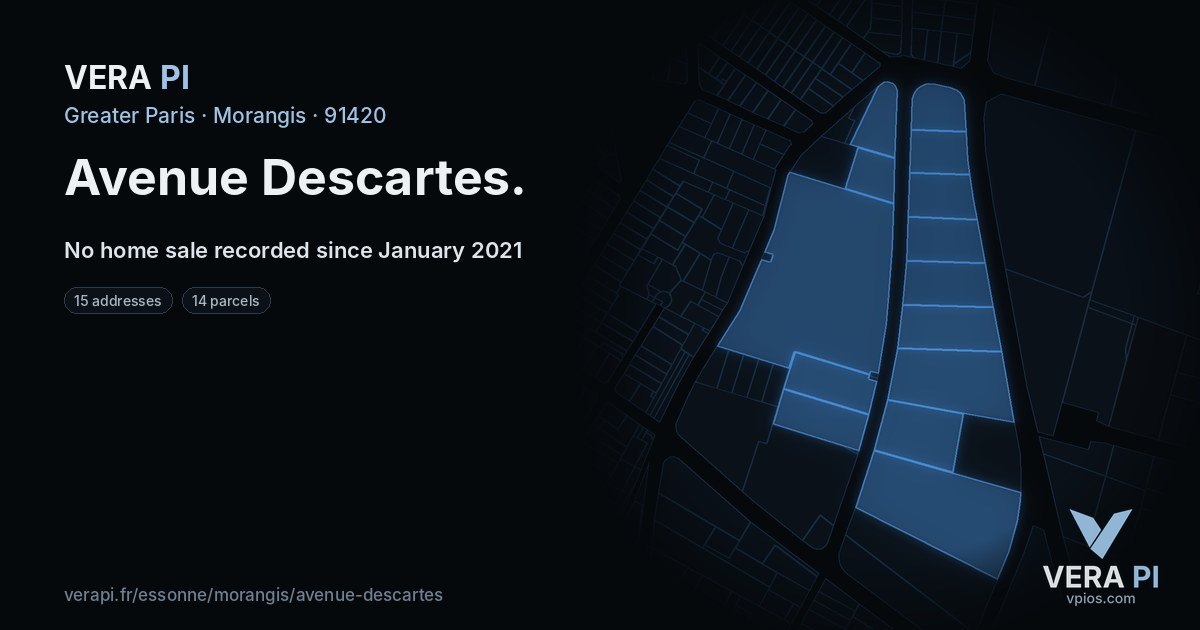 Avenue Descartes, Morangis at night – every parcel coloured by the prices around it, the street's own parcels lit