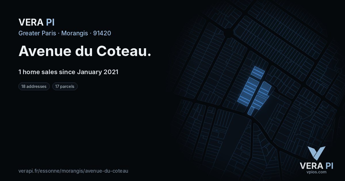 Avenue du Coteau, Morangis at night – every parcel coloured by the prices around it, the street's own parcels lit