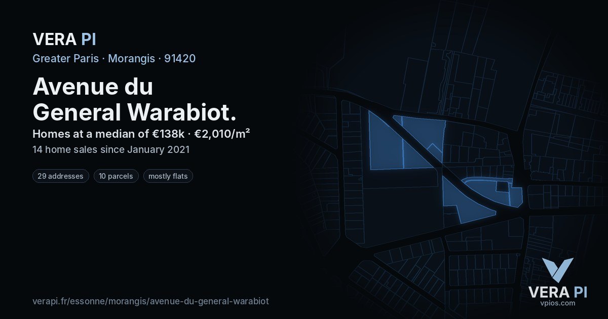 Avenue du General Warabiot, Morangis at night – every parcel coloured by the prices around it, the street's own parcels lit