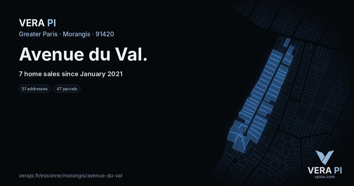 Avenue du Val, Morangis at night – every parcel coloured by the prices around it, the street's own parcels lit
