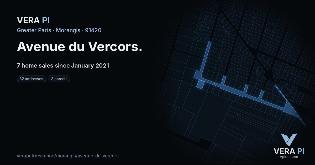 Avenue du Vercors, Morangis at night – every parcel coloured by the prices around it, the street's own parcels lit