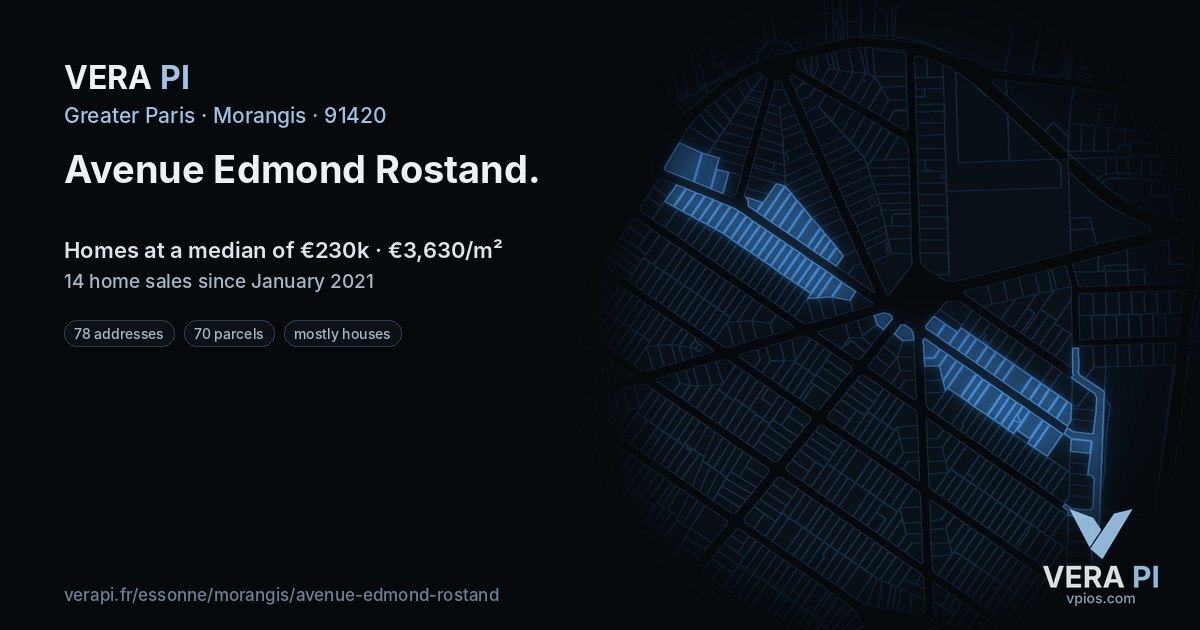 Avenue Edmond Rostand, Morangis at night – every parcel coloured by the prices around it, the street's own parcels lit