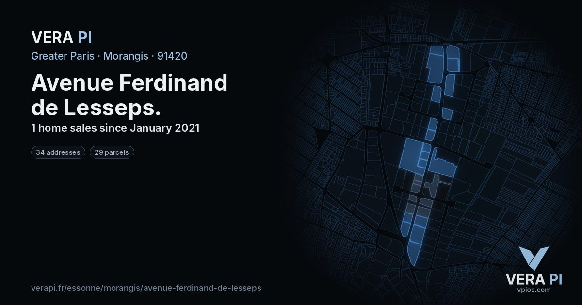 Avenue Ferdinand de Lesseps, Morangis at night – every parcel coloured by the prices around it, the street's own parcels lit