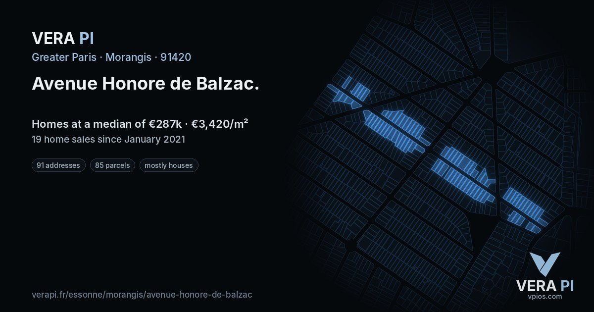 Avenue Honore de Balzac, Morangis at night – every parcel coloured by the prices around it, the street's own parcels lit