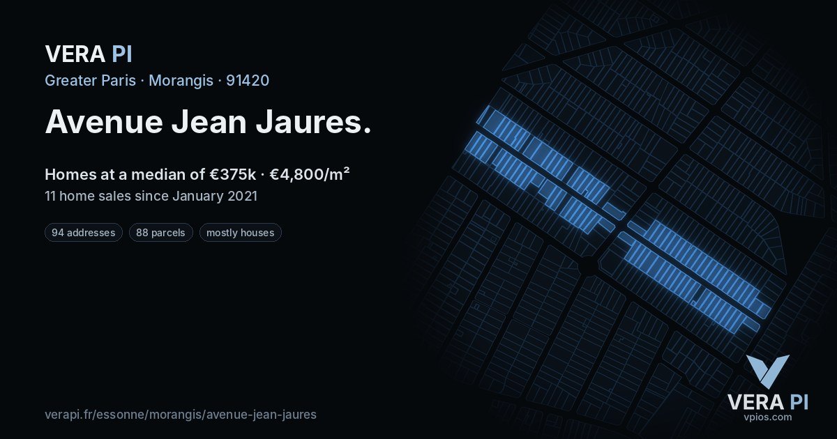 Avenue Jean Jaures, Morangis at night – every parcel coloured by the prices around it, the street's own parcels lit